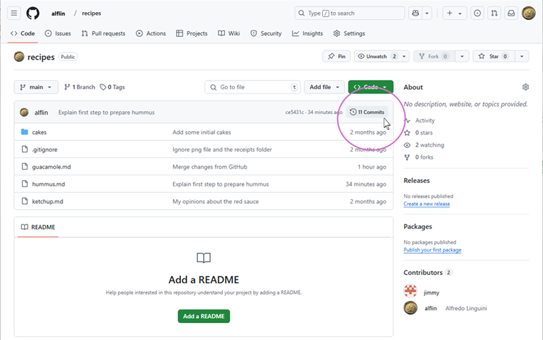 GitHub screenshot showing where to find the commit history button.